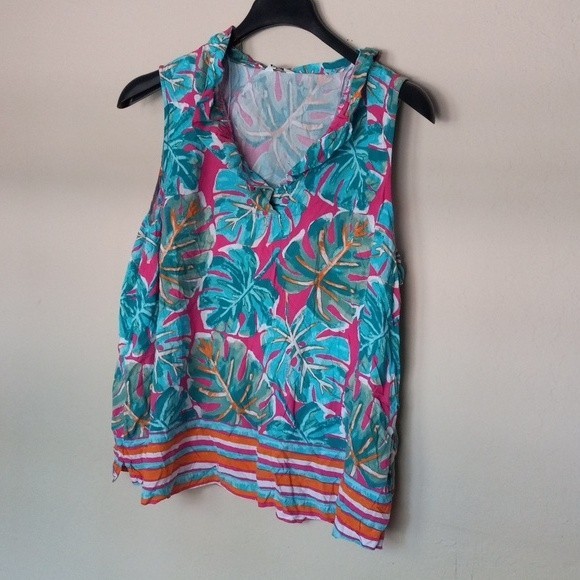 Crown & Ivy Shirt XXL Sleeveless Stripes Bold Tropical Leaf Print - Picture 1 of 7